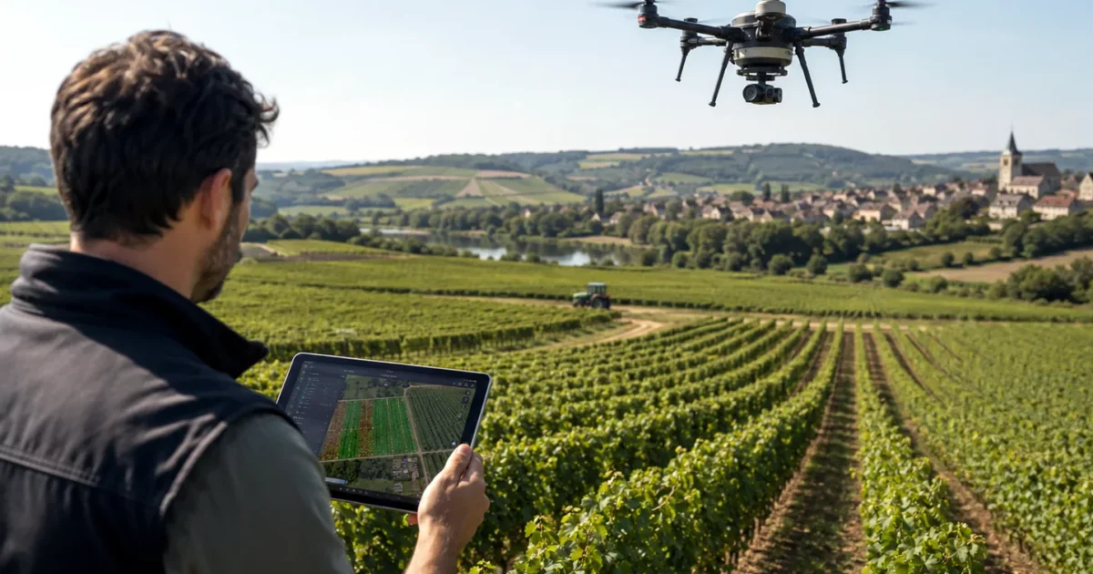 Viticulteur pilotant un drone au-dessus de ses vignes avec une tablette