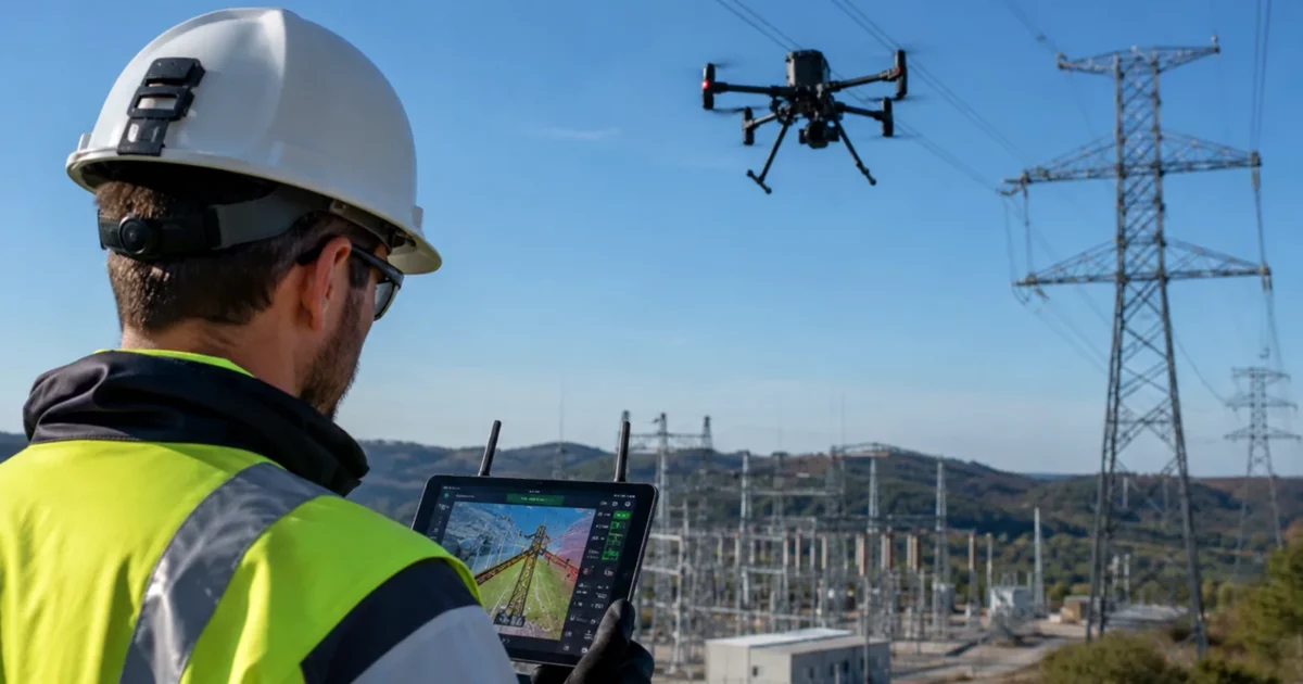 Drone en vol au-dessus d'un poste électrique, surveillance de site industriel