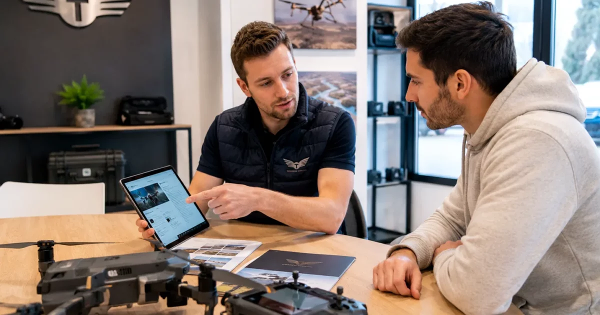 Conseiller TELEPILOTE présentant un dossier de financement à un client, drones sur la table