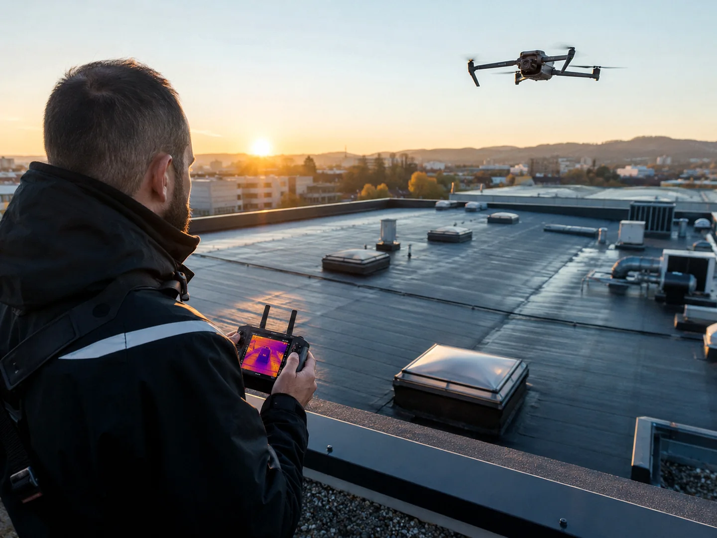 Inspection thermographique de toiture par drone DJI avec radiocommande affichant une image thermique