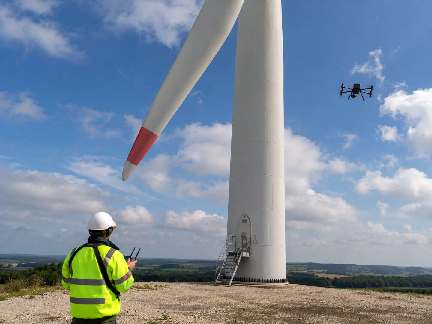 Inspection d'éolienne par drone DJI Matrice 350 RTK avec opérateur au sol